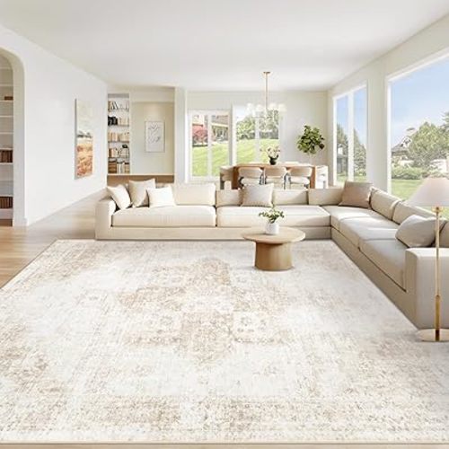 Area Rug 8x10 Washable Rug, Vintage Boho Medallion Rugs Non-Slip Soft Low Pile Large Distressed Rug Indoor Retro Carpet for Living Room Bedroom Dining Room Home Office (Beige, 8'x10')
