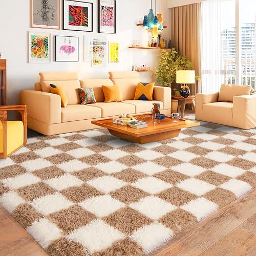 Checkered Rug for Living Room, Soft Shag 6x9 Area Rugs, Beige Cream White