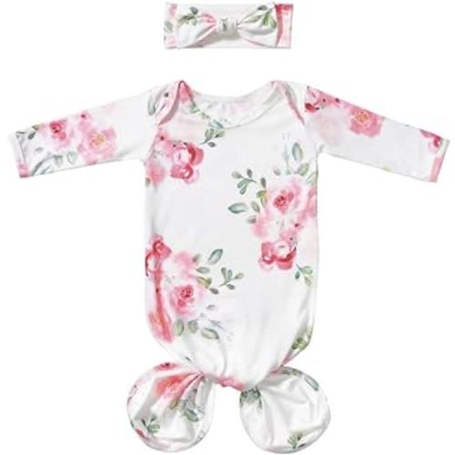 Baby Knotted Gown Newborns 0-6 Months, Soft Breathable Newborn Sleeper Gowns, Baby Girl Coming Home Outfit Essential Gift Watercolor Floral with Headband Set