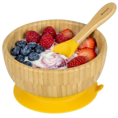 Abiie Octopod Bamboo Dish & Spoon - Suction Baby Bowl - 4 Mos & Up - Yellow | High Chair Accessories, Mess-Free Toddler Feeding Essentials, Baby-Led Weaning, Baby Food Bowl, 5.7" x 3" x 5.7"