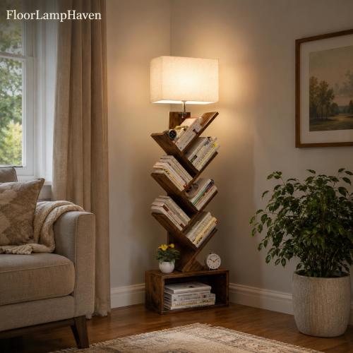 6 Tier Tree Bookshelf with Light, Tall Narrow Bookcase Tower with Storage Cabinet, Rustic Brown Book Organizer