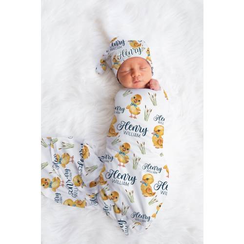 Yellow Duck Swaddle Set, Duckling Swaddle Baby Blanket, Personalized Swaddle Blanket, Duck Baby Blanket, Yellow Duck Nursery Decor B80