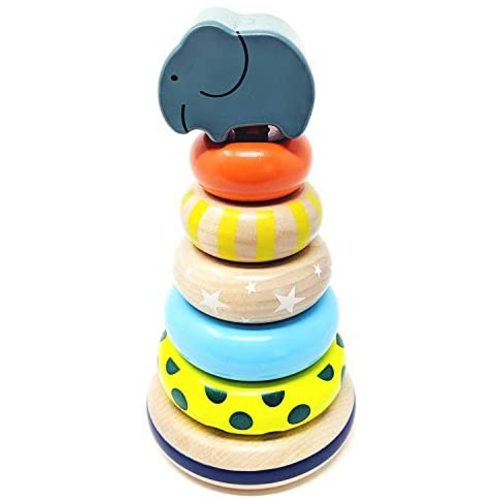 Orcamor Organic Wooden Stacking Rings Toy with Elephant Topper - Montessori Wooden Rainbow Stacker Toy for Infant and Toddler 1 Year Old and Up - All Natural Shape Sorter - 8 Inches Tall