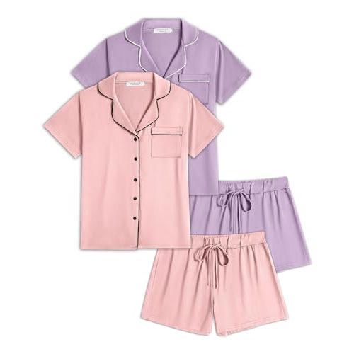Ekouaer 2 Pack Womens Pajamas Set Button Down Summer Sleepwear Short Sleeve Comfy Pjs Loungewear Set