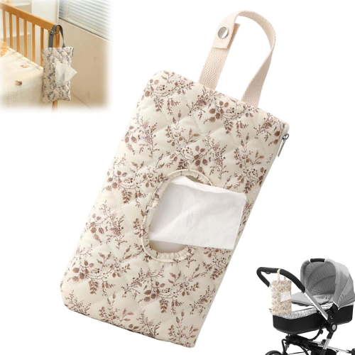 Quilted Diaper Wipe Pouch | Hanging Floral Wet Wipes Bag | Portable Hanging Wet Wipes Bag Wipe | Reusable Fabric Cover with Zipper & Lanyard for Car Daily Casual Travel Bag - White