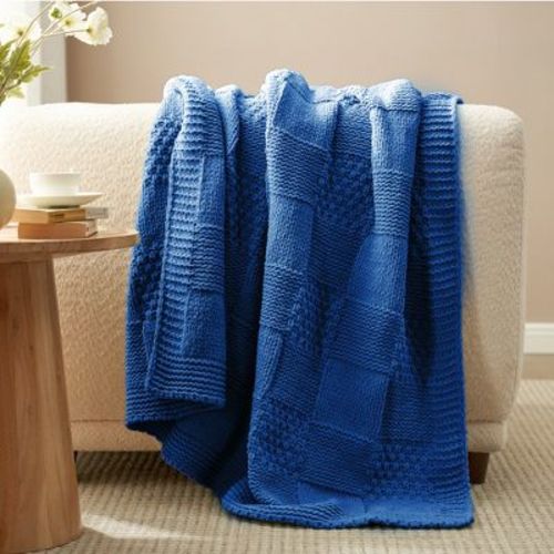 Chenille Knit Checkered Texture Throw Blanket, 50"x60", Blue - Amelie Home