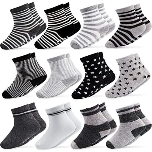 CUBACO Baby Socks, 12 Pairs Non Skid Anti Slip Cotton Grip Socks for Toddler Baby Kids