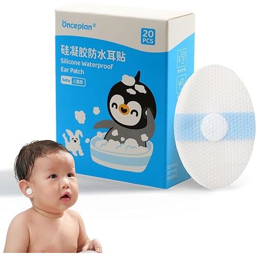 Disposable Waterproof Ear Patches, Baby Silicone Ear Covers with Absorbent Cotton Pads, 2.68’’ x 1.73’’ Oval Breathable Self-Adhesive Protective Patch, for Shower/Water Sport