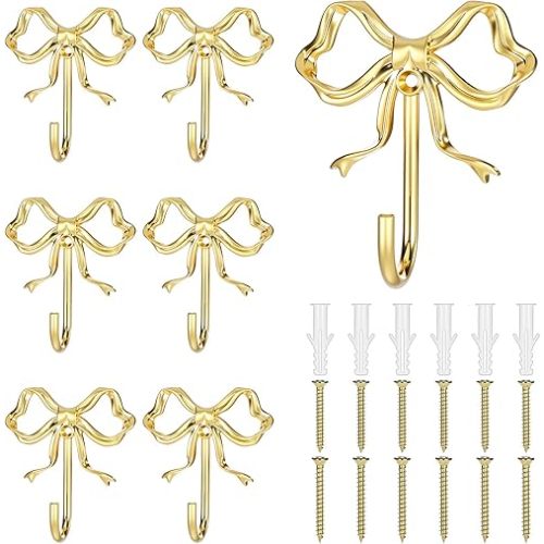 6 Pcs Gold Bow Wall Hook, Large Bow Knot Coat Hooks Metal Bowknot Wall Door Hanger Decorative Holder for Bags Bath Towels Coats Hats Coffee Mugs Room Decorations