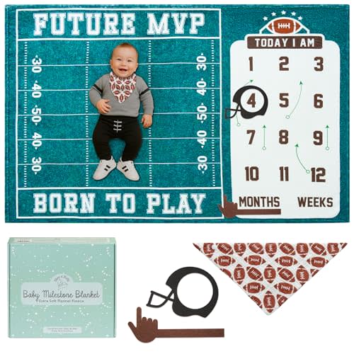 Bliss n' Baby Monthly Milestone Blanket for Baby Boys - 60"x40" - Wrinkle Free Football Age Month Blanket with Growth Chart - Washable & Dryable - w/Frames & Cotton Bib - Sports Theme Baby Accessories