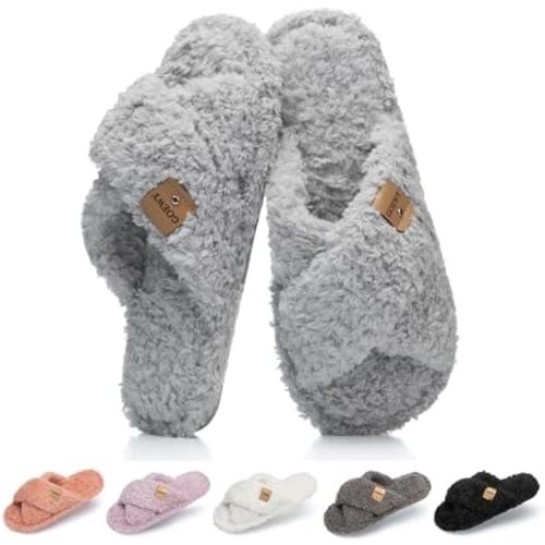 GOEWY Fuzzy Open Toe Slippers for Women Cozy Memory Foam House Shoes Indoor