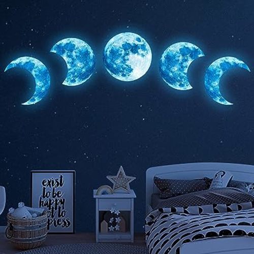 10Pcs Glow in The Dark Moon Wall Decals Large Luminous Space Planet Moon Phases Wall Sticker Glow in The Dark Stickers for Ceiling Removable Vinyl Boho Wall Decor for Kids Boys Girls Bedroom Nursery