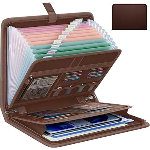 Fireproof Accordion File Organizer, Portable Expanding File Folder with Waterproof Zipper&Labels, Brown Document Organizer with 13 Pockets, File Organizer for Important Document/Paper Storage