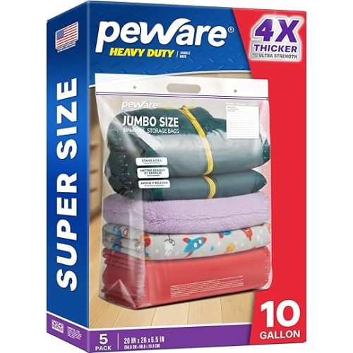 10 Gallon Heavy Duty Large Storage Bags with Handle, Big Zip Seal Top Bags, 6 Mil Extra Thick Clear Big Plastic Resealable Zip Poly Bags for Home Moving, Travel, Camping, 20" x 26", Pack 5