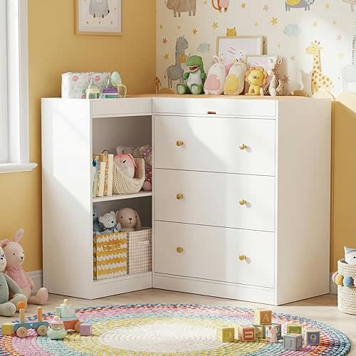 PAKASEPT Modern Nursery Changing Table, Corner Baby Dressing Table with 3 Drawers and 2 Open Shelves, Multi Functional Diaper Changing Station for Children's Rooms,Nursery