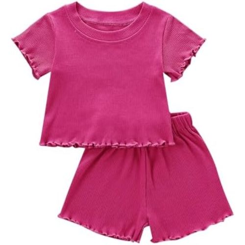 Toddler Baby Girl Summer Clothes Ribbed Knit Cotton Cute Summer Outfits Short Sleeves 2 Pieces Shorts Set 12M - 5T