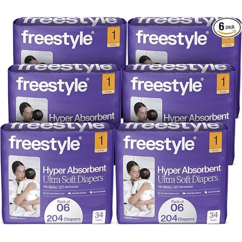 EWG Verified Freestyle BambooTek Diapers - (Size 1) Hyper Absorbent & Non-Toxic – Disposable Diapers for Sensitive Skin – Ultra Soft Diapers (8-14 lbs) – 204 Count