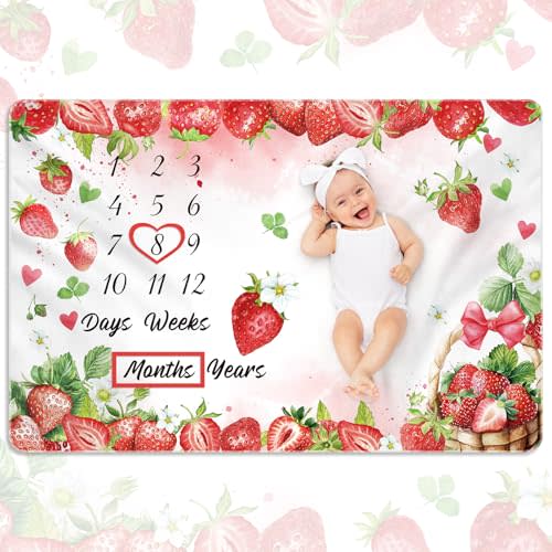 Nuanchu Strawberry Baby Monthly Milestone Blanket Baby Girl Boy 60" x 40" Soft Fleece First 12 Months Growth Chart Newborn Photography Background Baby's First Year Milestone Blanket Nursery Decor