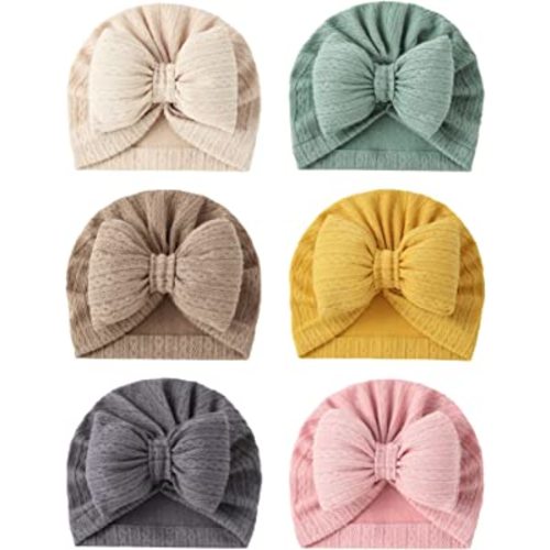 ZURLEFY 6 PCS Stretchy Baby Hats, Baby Turban for Baby Girls, Newborn Hat with Bows for Girls, Baby Girls Caps, Infant Hat