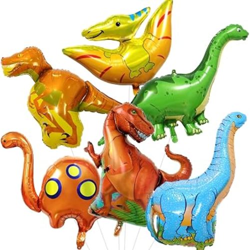 Dinosaur Foil Balloons Set (35-50 In), 6 Pieces Large Dinosaur Mylar Helium Balloons for Kids, Giant Cute Dino Birthday Party Decorations Kit for Boys Jungle Safari Theme Baby Shower Decor Supplies