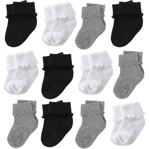 6 &12 Pairs Infant Toddler Baby Kids Turn Cuff Ruffle Cotton Socks