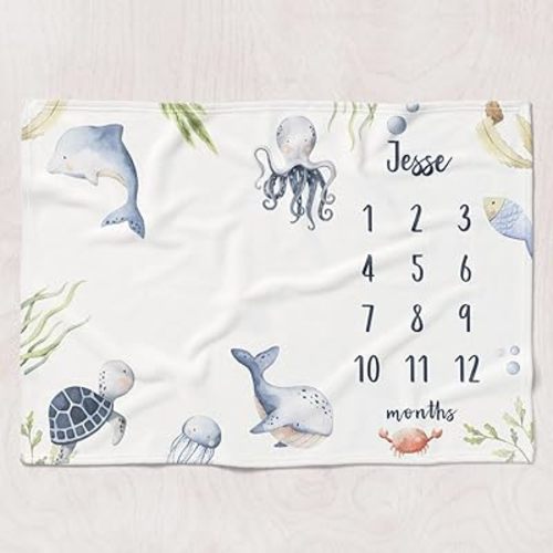 Personalized Under The Sea Baby Milestone Blanket, Monthly Growth Blanket for Baby, Ocean Animals Newborn Photo Prop, Best Babies Shower Gift for Boy Or Girl, Soft Fleece Material