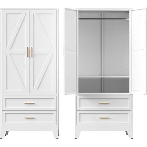 COFaR Metal Armoire Wardrobe Closet with Drawers, 71'' Tall Farmhouse Bedroom Armoires with Doors, Freestanding Steel Wardrobe Cabinet Coat Closet for Bedroom Home Office Garage, White