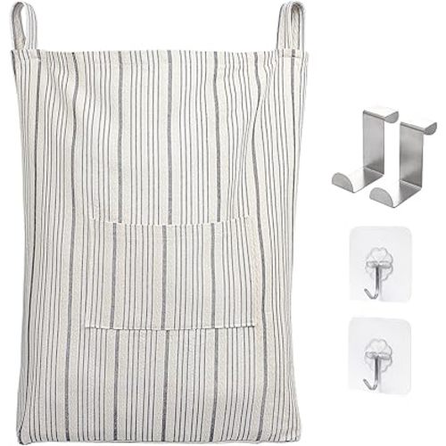 AELS Farmhouse Hanging Laundry Hamper with 2 Hooks, Washable Beige & Stripes Laundry Bag with Zipper & Wide Open Top, Over the Door Organizer for Dirty Clothes, Space Saving Storage