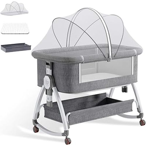 Baby Cot Bed Bassinet with Mattress, Baby Crib with Mosquito Net, 3-in-1 Bedside Co-Sleeper with 6-Level Height Adjustable, 360° Wheels & Storage Basket, for 0-18 Months Babies (Grey)