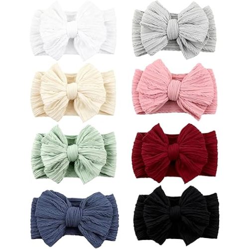 8 Pcs Baby Bows Headbands Soft Nylon Hairbands Super Elastic Headband Hair Accessories For Baby Girls Infant Toddler Essentials (8 Color-Warm, Mid)