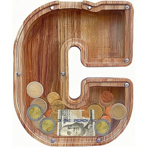Large Piggy Bank for Kids Boys Girls, Personalized Wooden Letter Piggy Bank with Cut-Out Design, Alphabet Letter Coin Banks, Money Savings Box,Birthday Present for Kids Adults and Home Decoration (C)