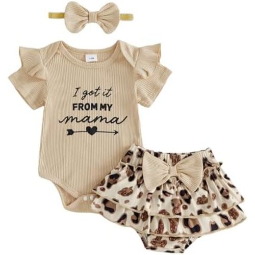 fhutpw Newborn Baby Girl Clothes Ribbed Sleeve Romper Top Leopard Ruffle Shorts Bow Headband Infant Summer Outfits 0-18M