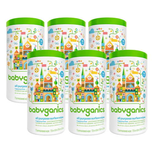 Babyganics All Purpose Surface Wipes, Fragrance Free, 75 Count Plant Based and Non-Abrasive, No Ammonia, No Bleach (Pack of 6)