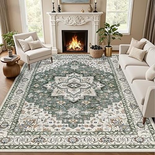 8x10 Area Rugs for Living Room: Washable Rug Soft Vintage Boho Medallion Carpet Indoor Non-Slip Stain Resistant Large Carpets for Bedroom Dining Room Farmhouse Nursery Home Office Green Ivory