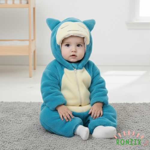 Warm Baby Fleece Jumpsuit – Blue Winter Onesie Romper with Hoodie, Soft Infant Outfit