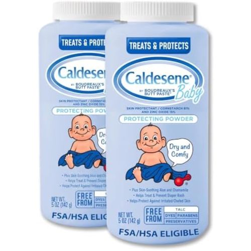 Caldesene Dry & Comfy Baby Powder with Zinc Oxide & Cornstarch, Free from Talc & Preservatives, 5 Oz. (Pack of 2)