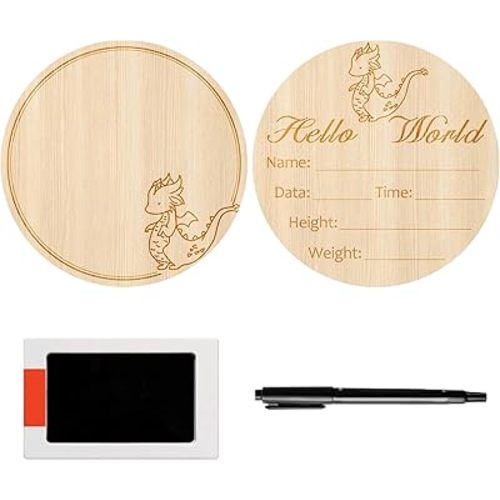 Baby Birth Announcement Signs with Markers, Wooden Baby Birth Signs with Ink Pads for Baby Hands Footprints, Double-Sided Baby Announcement Signs for Baby Souvenirs (Dragon)