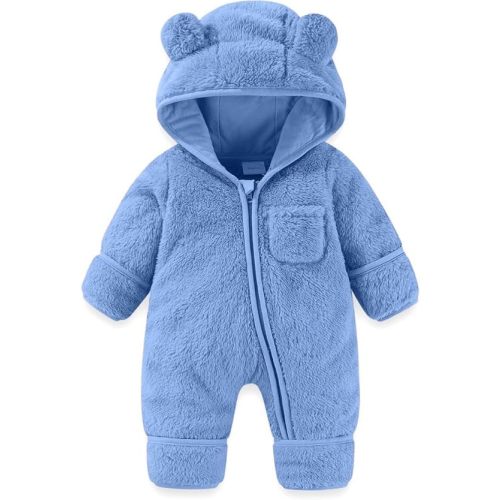 Newborn Baby Winter Snowsuit Fleece Lined Hooded Bear Romper Warm Onesie Jumpsuit for Infant Girls Boys