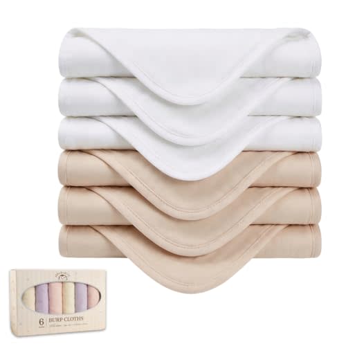 Baby Burp Cloths 6-Pack, Soft & Absorbent 100% Cotton Muslin for Newborns, Large 22x10 Inches, No Shrinkage, Ideal, CPC Certified, Safe for Babies (Nude, White)
