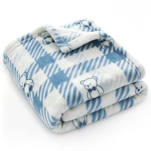 BORITAR Baby Blanket with Plaid Bear Pattern for Boys Girls 30 x 40 Inch | Ultra Soft Warm Fluffy Flannel Fabric Nursery Blanket for Toddler Newborn Infant Crib Stroller Travel Pet Shower Gift Blue