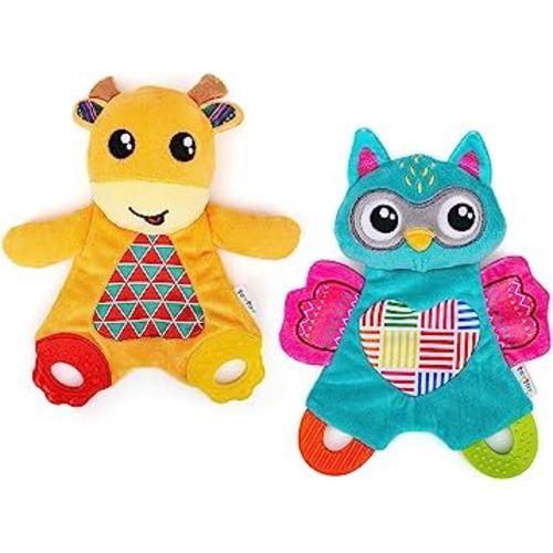 teytoy 2 Pcs Crinkle Toys for Baby with Teether, Baby Teething Sensory Toys Newborn Bib Saliva Soother Towel, Soft Snuggle Sleeping Security Blanket for Unisex Babies 0-36 Months Gifts(Owl and Deer)