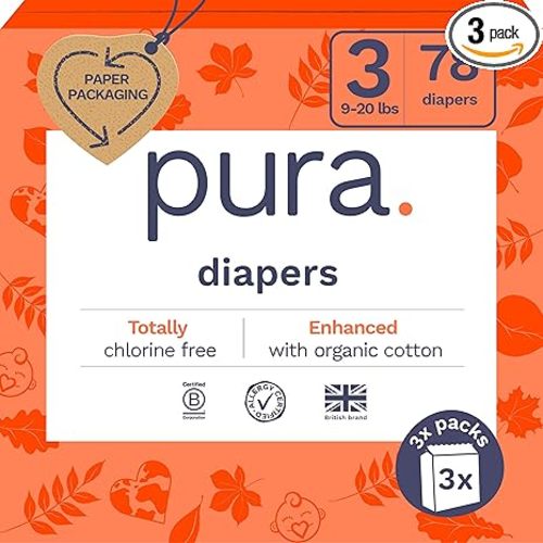 Size 3 Eco-Friendly Diapers (9-20 lbs) Totally Chlorine Free (TCF),Hypoallergenic, Soft Organic Cotton, Sustainable, up to 12 Hours Leak Protection, Allergy UK,26 Count (Pack of 3) (78 Baby Diapers)