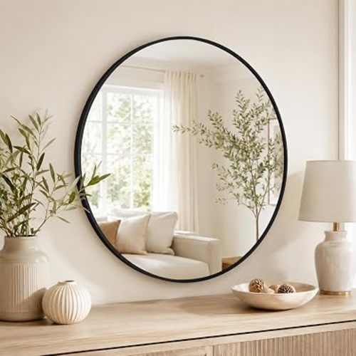 GarveeTech 18 Inch Round Bathroom Mirror, Black Aluminum Frame Mirror