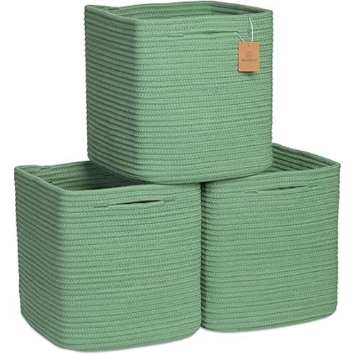 NaturalCozy Storage Cubes 11 Inch Cotton Rope Woven Baskets for Organizing, 3-Pack | Cube Storage Bin | Square Storage Baskets for Shelves Organizer, Classroom, Kids Toy Bins, Closet, Baby Nursery