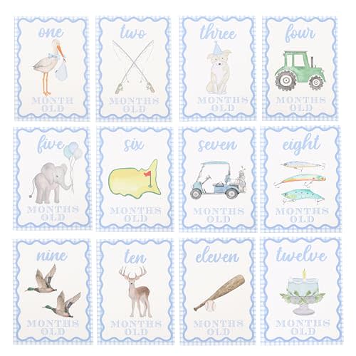 WAUAO Gingham Milestone Monthly Cards - My First Milestone Cards, Baby Shower Photo Props,Baby Milestone Monthly Memories,Boys/Girls Photo Props (blue)