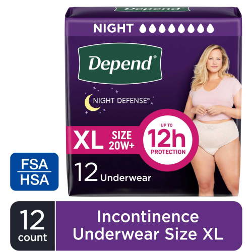 Depend Night Defense Incontinence Underwear for Women, Adult Diapers, XL, 12 Count HSA/FSA Eligible