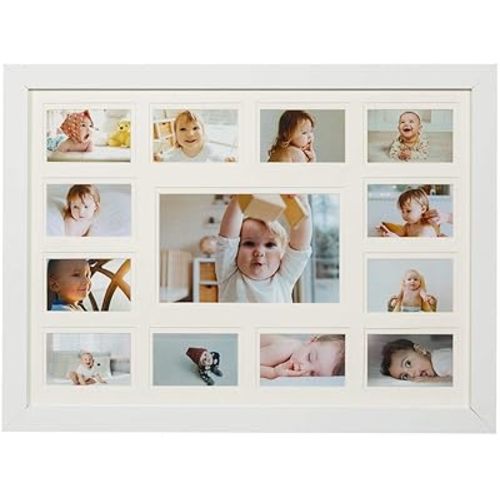 WOOD SIDE ORBIS 13 Opening Collage Picture Frame K-12 with Double White Mat - Displays One 4x6 and Twelve Wallet Size 2.5x3.5 - Wall Mounting, Landscape, Portrait