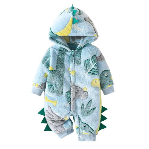 PINQI Baby Boys Fleece Dinosaur Jumpsuits Padded Fuzzy Zip up Hooded Bodysuits New Born Winter Warm Plush Romper Clothes