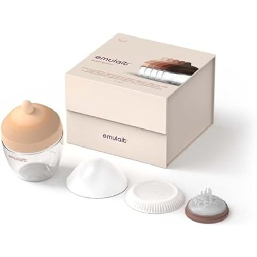 Emulait Glass Classic Baby Bottle for Newborns and Infants — Natural Breast-Like Shape 1, Color Light, Anti-Colic Venting, Soft Silicone Nipple, Easy-Latch, Glass Nursing Bottle for Feeding, 8oz