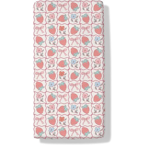 Boho Strawberry Flowers Baby Boys Girls Crib Sheets Pink Strawberry Bows Checkered Fitted Crib Mattress Cover Summer Fruit Toddler Baby Sheet for Standard Crib 28x52in